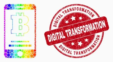 Vector Spectrum Dot Bitcoin Mobile Account Icon and Grunge Digital Transforma Stock Illustration