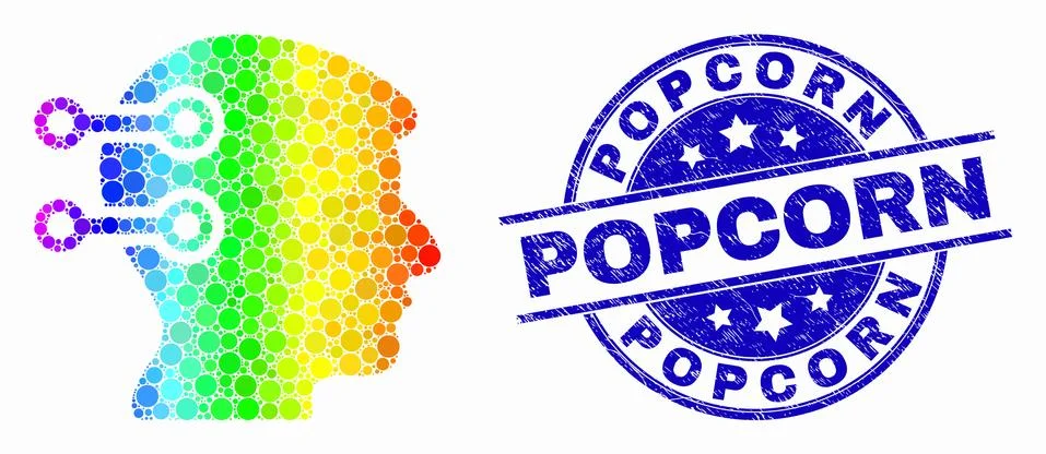 Vector Spectrum Dot Brain Interface Links Icon and Grunge Popcorn Stamp Illustrazione stock