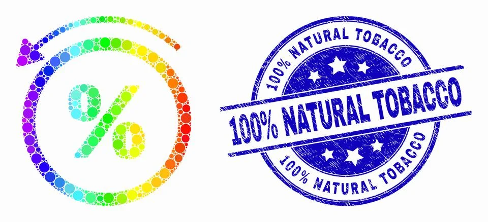 Vector Spectrum Dotted Percent Back Icon and Grunge 100% Natural Tobacco Seal 스톡 일러스트