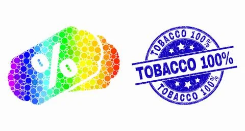 Vector Spectrum Dotted Percent Tags Icon and Distress Tobacco 100% Stamp Stock Illustration