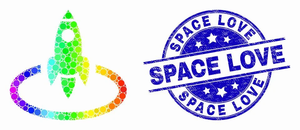 Vector Spectrum Dotted Rocket Start Icon and Grunge Space Love Seal Illustrazione stock