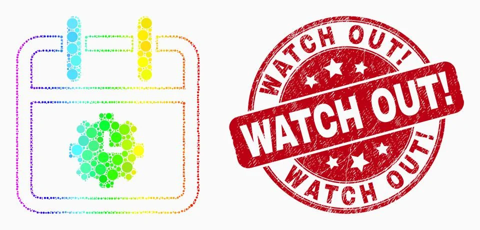 Vector Spectrum Pixel Calendar Time Options Icon and Grunge Watch Out! Seal Illustrazione stock