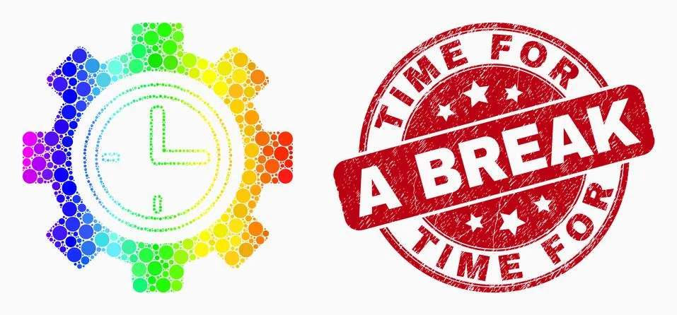 Vector Spectrum Pixel Clock Setup Wheel Icon and Grunge Time for a Break Stamp Illustrazione stock