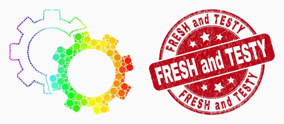 Vector Spectrum Pixel Cogs Icon and Grunge Fresh and Testy Seal Stock Illustration