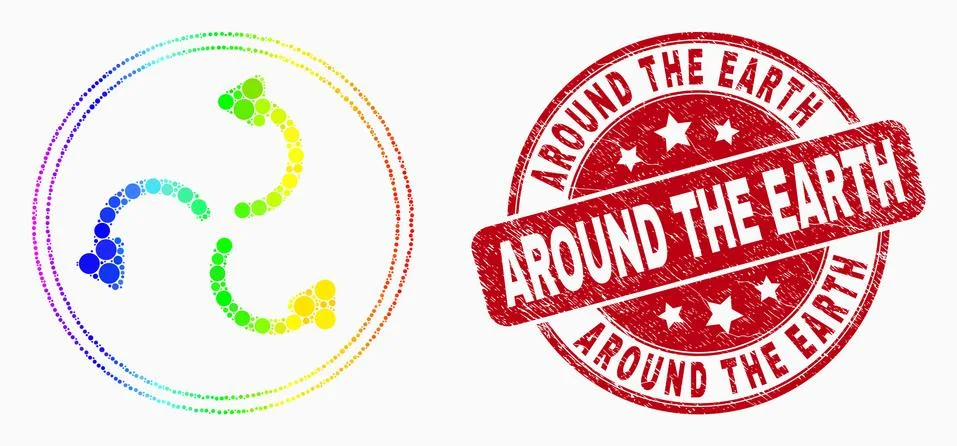 Vector Spectrum Pixelated Cyclone Arrows Icon and Scratched Around the Earth Stock Illustration