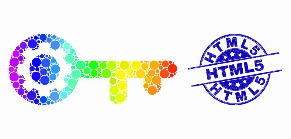 Vector Spectrum Pixelated Key Gear Icon and Scratched Html5 Stamp Stock Illustration