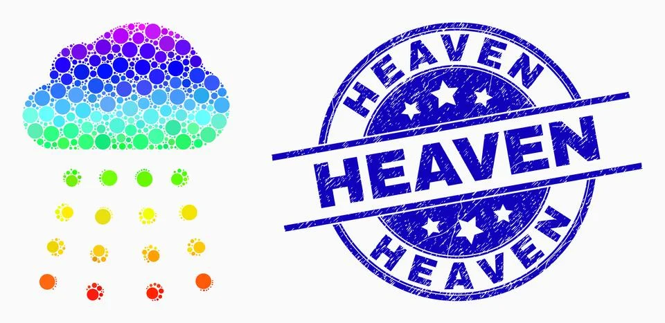 Vector Spectrum Pixelated Rain Cloud Icon and Distress Heaven Stamp Seal Illustration