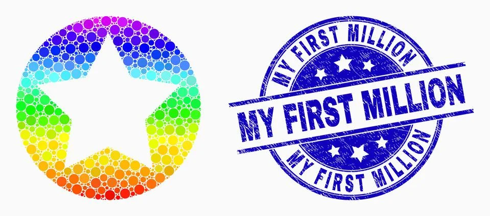 Vector Spectrum Pixelated Rounded Star Icon and Distress My First Million Seal 스톡 일러스트