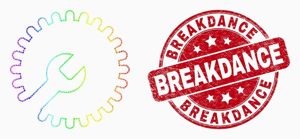 Vector Spectrum Pixelated Settings Gear Icon and Distress Breakdance Stamp Stock Illustration