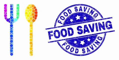 Vector Spectrum Pixelated Spoon and Fork Icon and Distress Food Saving Stamp Stock Illustration