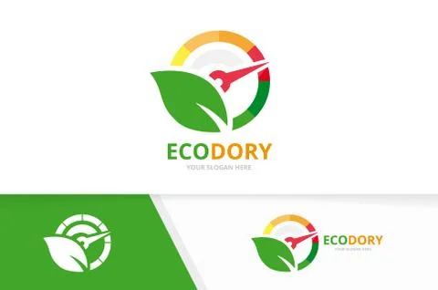 Vector speedometer and leaf logo combination. Tachometer and eco symbol or icon Illustrazione stock