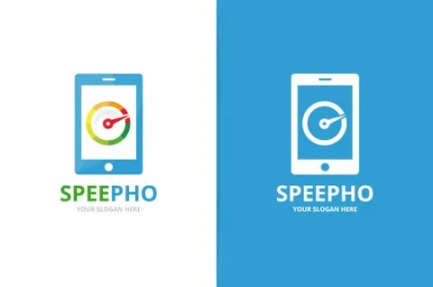Vector speedometer and phone logo combination. Tachometer and mobile symbol or Stock Illustration