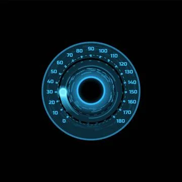 Vector speedometer dashboard with dial, blue, neon, glowing color. Stock Illustration