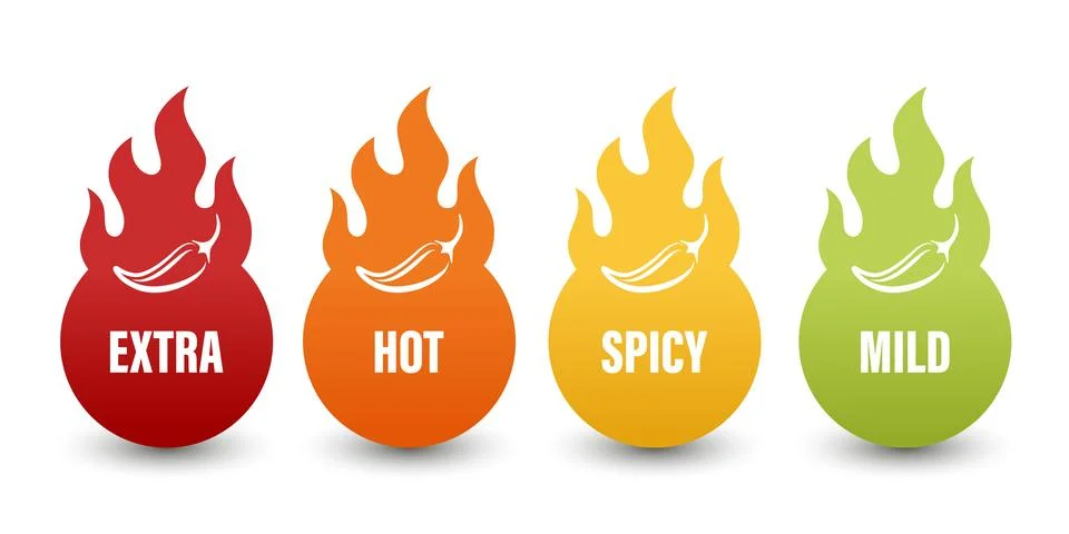 Vector Spicy Level Emblems, Icons with Chili Pepper in Flame Shapes. Extra Hot Stock Illustration