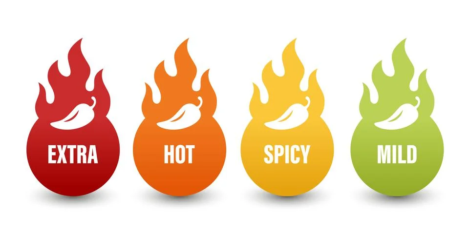 Vector Spicy Level Emblems, Icons with Chili Pepper in Flame Shapes. Extra Hot Stock Illustration
