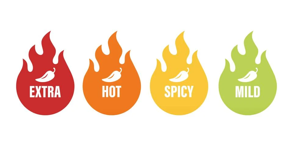 Vector Spicy Level Emblems, Icons with Chili Pepper in Flame Shapes. Extra Hot Stock Illustration