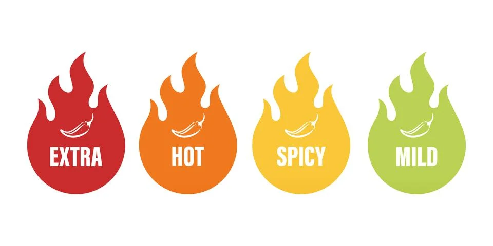 Vector Spicy Level Emblems, Icons with Chili Pepper in Flame Shapes. Extra Hot Stock Illustration