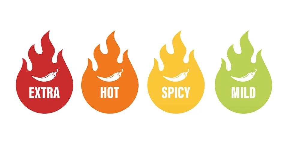 Vector Spicy Level Emblems, Icons with Chili Pepper in Flame Shapes. Extra Hot Stock Illustration