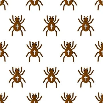 Vector spider with orange cross on back seamless pattern. Halloween charact. Stock Illustration