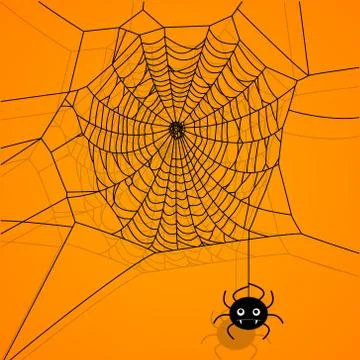 Vector spider web and small spider on orange background. Cartoon illustration. Stock Illustration