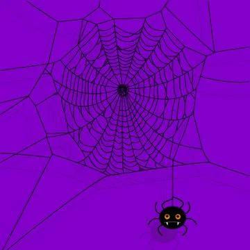 Vector spider web and small spider on purple background. Cartoon illustration. Stock Illustration