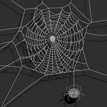 Vector spider web and small spider on dark background. Cartoon illustration. Stock Illustration