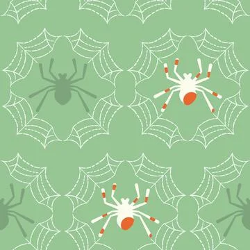 Vector Spiders on Web with Green seamless pattern background. Perfect for fabric Stock Illustration