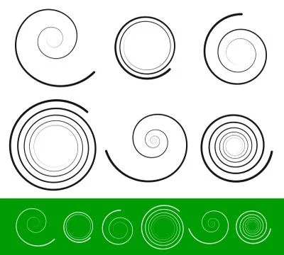 Vector spiral set with 6 different version with stroke profile. Abstract Tend Illustrazione stock