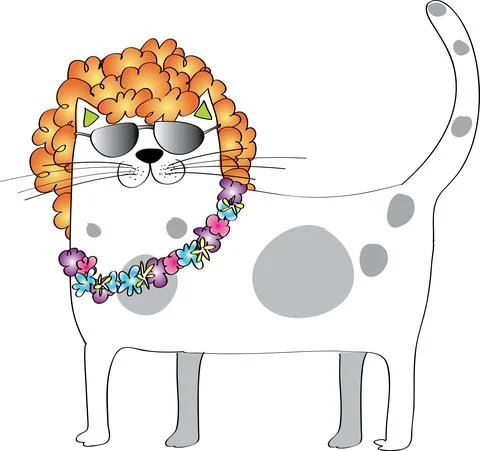 Vector spot cartoon cat in wig and flowers and sunglasses Stock Illustration