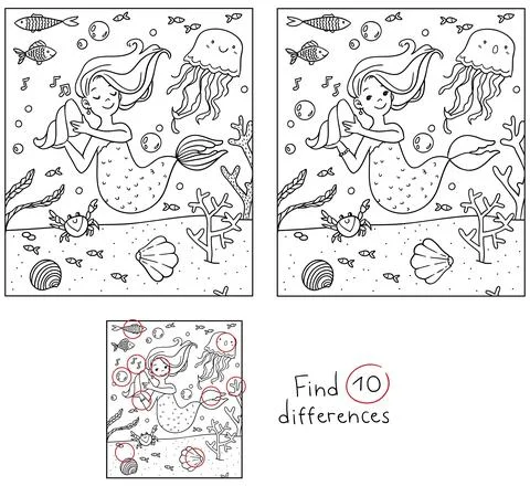 Vector  Spot the Difference children cute cartoon coloring with mermaids and  Stock Illustration