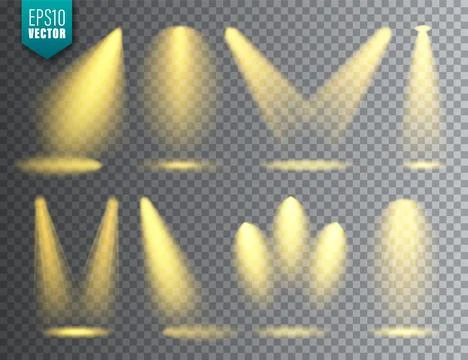Vector spotlight set. Bright Christmas glowing light beam. Transparent realistic Stock Illustration