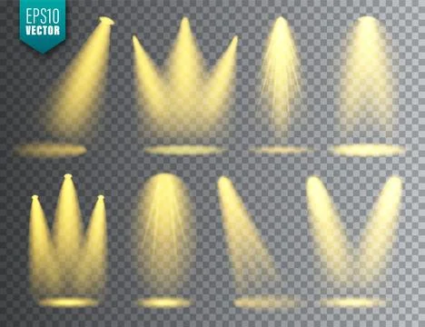 Vector spotlight set. Bright Christmas glowing light beam. Transparent realistic Stock Illustration