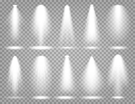 Vector spotlight set. Bright light beam. Transparent realistic effect. Stage Stock Illustration