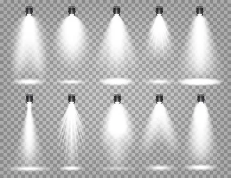 Vector spotlight set. Bright light beam. Transparent realistic effect. Stage Stock Illustration