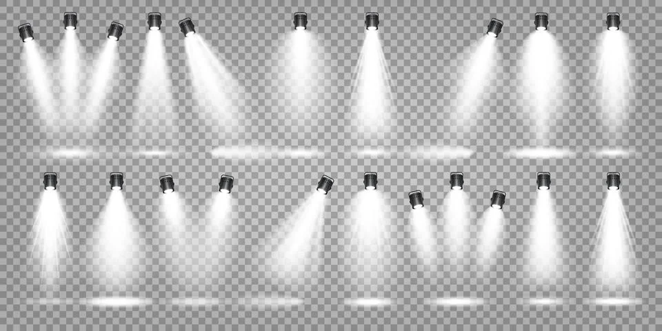Vector spotlight set. Bright light beam. Transparent realistic effect. Stage Stock Illustration