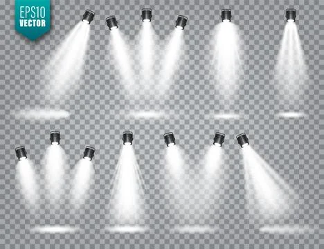 Vector spotlight set. Bright light beam. Transparent realistic effect. Stage Stock Illustration
