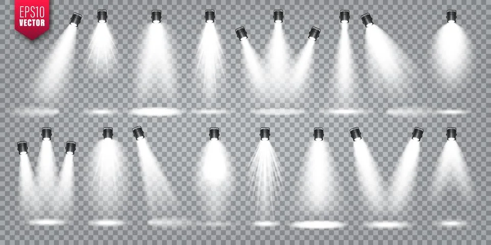 Vector spotlight set. Bright light beam. Transparent realistic effect. Stage Stock Illustration