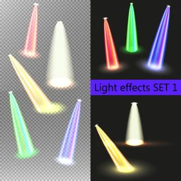 Vector Spotlights and neon Light Effects Set isolated on transparent and black Stock Illustration