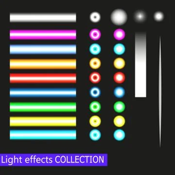 Vector Spotlights and neon Light Effects Set isolated on transparent and black Stock Illustration