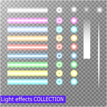 Vector Spotlights and neon Light Effects Set isolated on transparent and black Stock Illustration