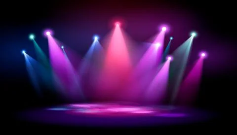 Vector spotlights of bright neon colors: red, pink, blue, green, aimed at one Stock Illustration
