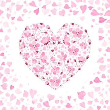 Vector spring background with gentle heart from cherry flowers and petals 库存插图