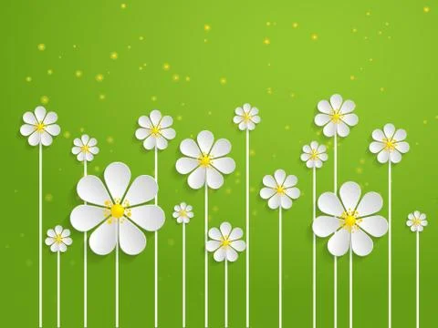 Vector spring background with volumetric flowers. Paper cut flowers on green  Stock Illustration