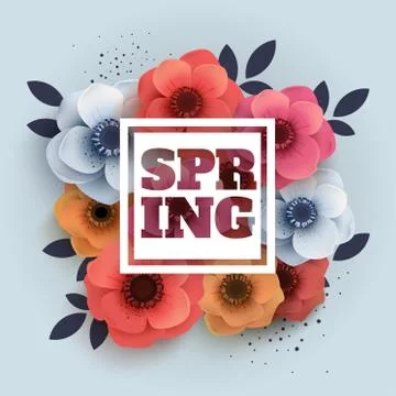 Vector spring banner with the text and paper flowers anemones. Stock Illustration