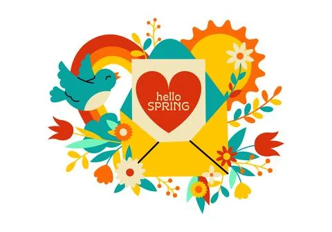 Vector spring card for printing, colorful cartoon illustration. Stock Illustration