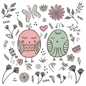 Vector spring colored doodles with birds, flowers, branches, butterfly, abstr Stock Illustration