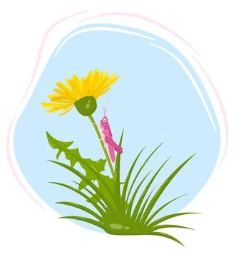 Vector spring composition of yellow dandelion, leaves and pink grasshopper on Stock Illustration