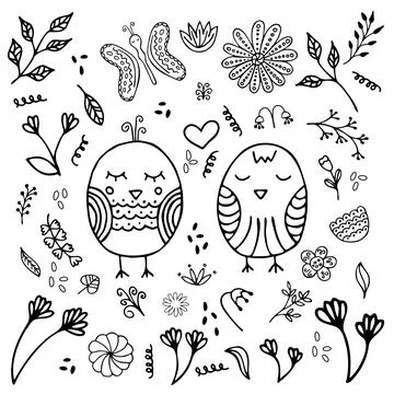Vector spring doodle with birds, flowers, branches, butterfly, abstract eleme Stock Illustration
