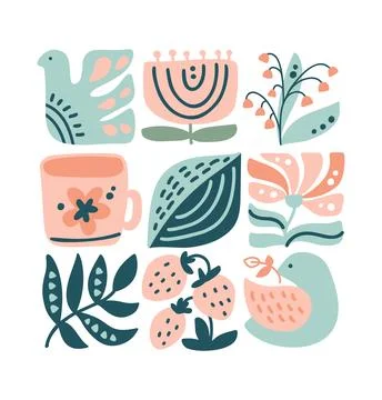 Vector spring ethnic logo composition pattern of bird, flower, leaf, strawberry Illustrazione stock