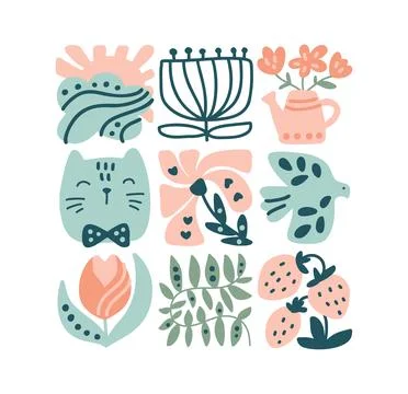 Vector spring ethnic logo composition pattern of bird, flower, leaf, strawberry Stock Illustration